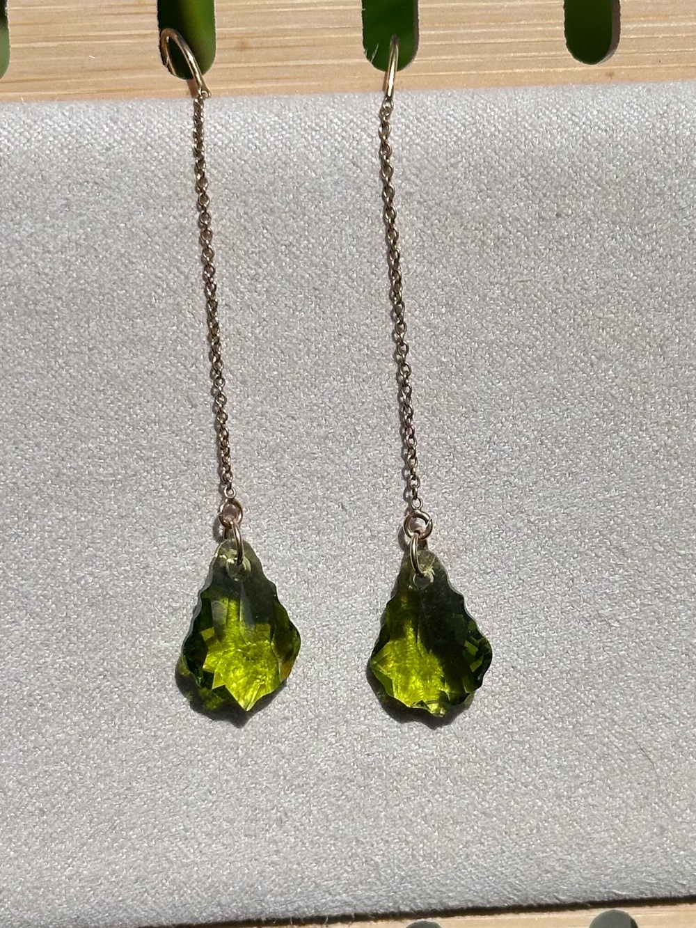 Swarovski Crystal Peridot Baroque 14k Gold Filled 2” Chain Threader Earrings